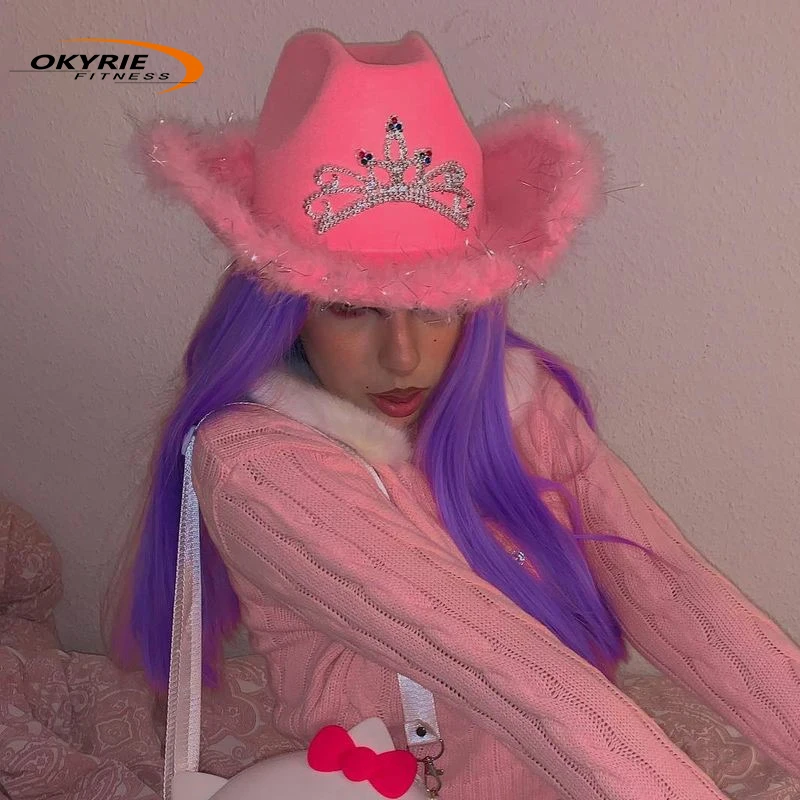 Новинка 2022, ковбойская шляпа OkyRie для карнавала розового цвета, ковбойская шляпа для костюмированной коровки с розовыми перьями и перьями Марабу