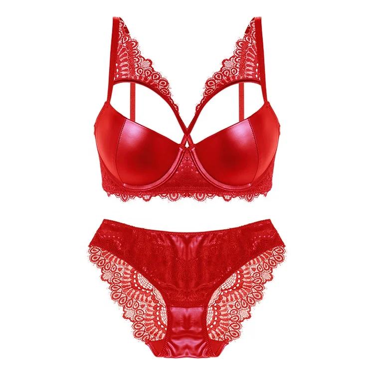 Fashion PU Glossy Leather Gathered Lingerie Sets Steel Ring Underwear Ladies Plus Size Push Up Bra exotic sets sensual lingerie