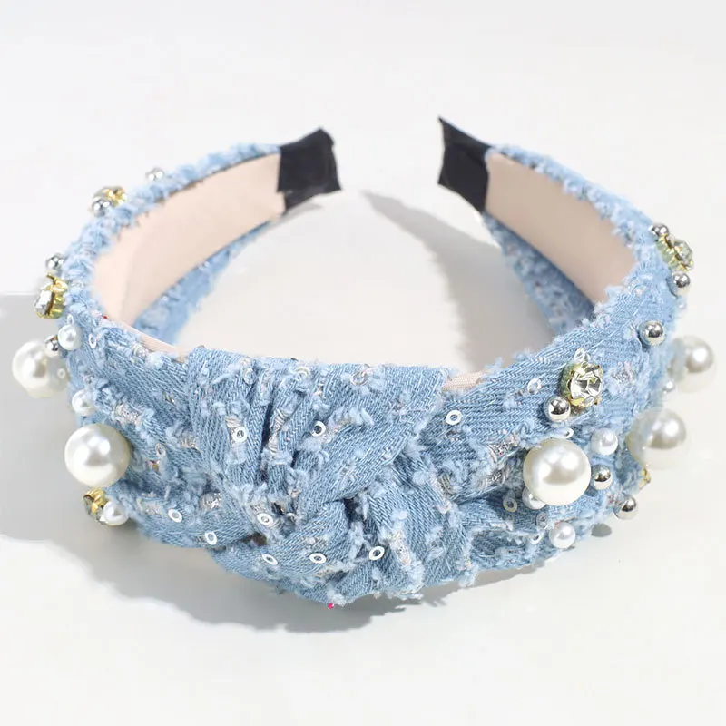 New Arrival Fashion Bow Knot Denim Hiar Band for Women Bling Crystal and Pearls Decorated Denim Headband in Hairbands