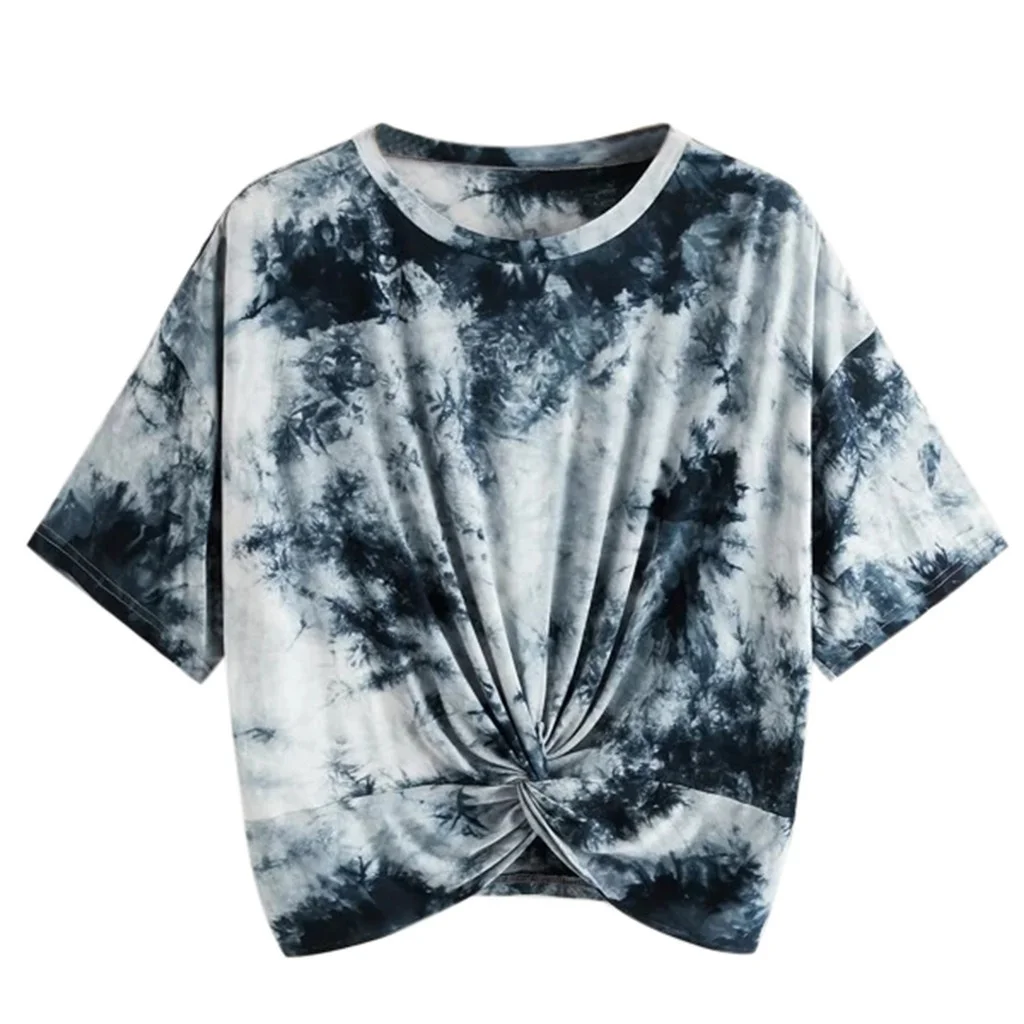 Summer New Style European And American Ink Woman Tie Dye Short Sleeve Loose Irregular Crop T Shirt For Women