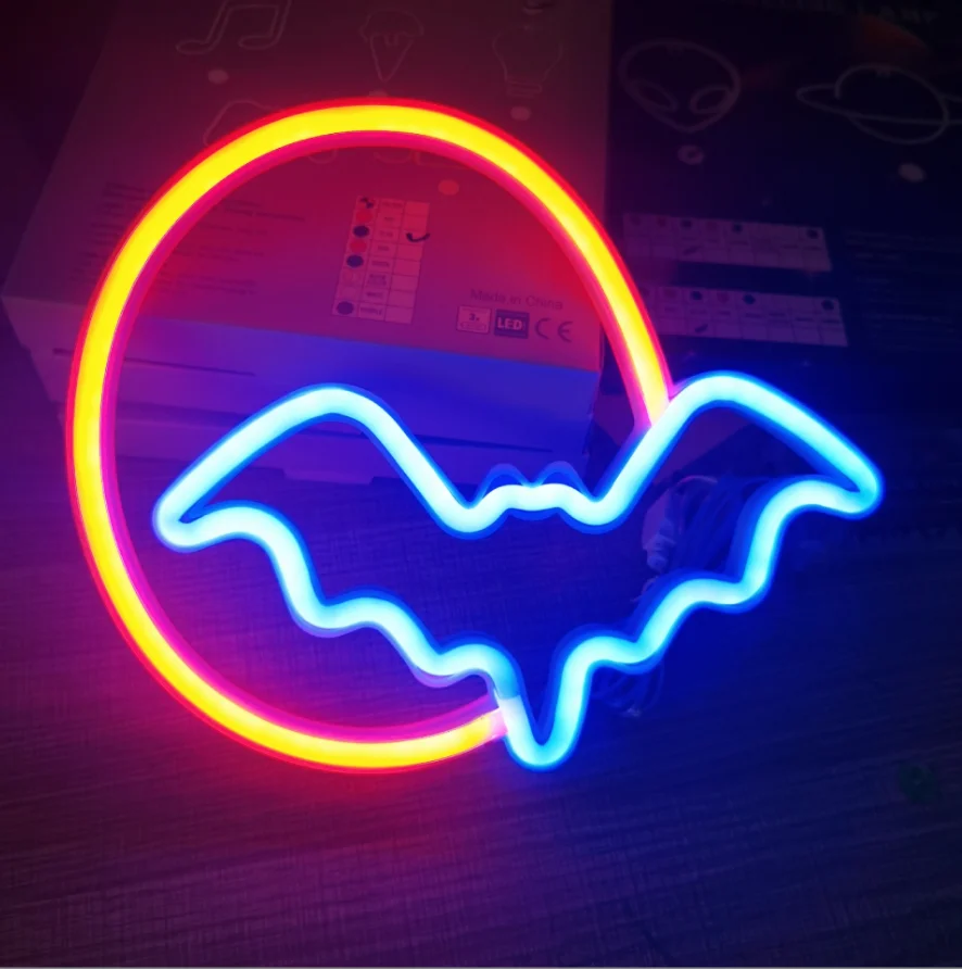 Halloween Usb Battery Operated Neon Light Night Lamp Led Moon and Bat Neon Sign For Wall Kids Room Party Gift Bar Decoration