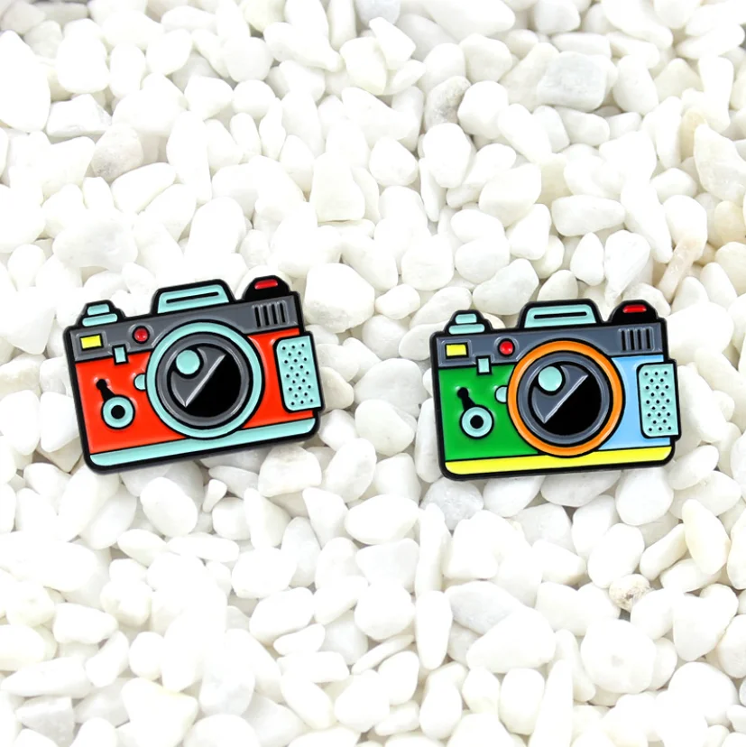Custom retro photo camera enamel pin manufacture multi color design