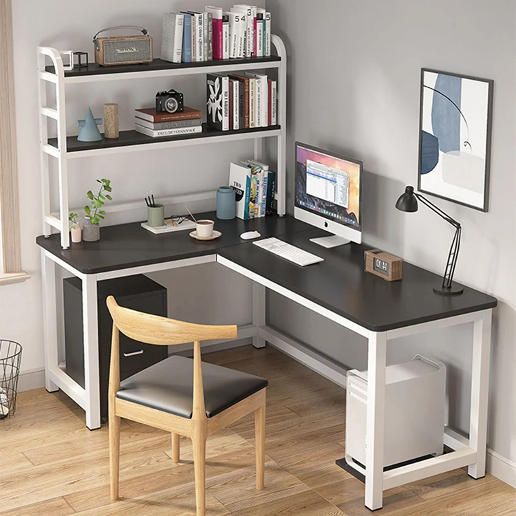 customized new designsimple modern metal wooden l-shape computer table desk with bookshelf