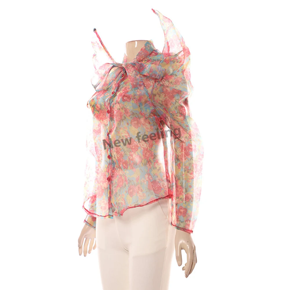 2020 Organza New Blouse Butterfly Puff Sleeve Blouse Sexy See through Fashion Lady Blouse
