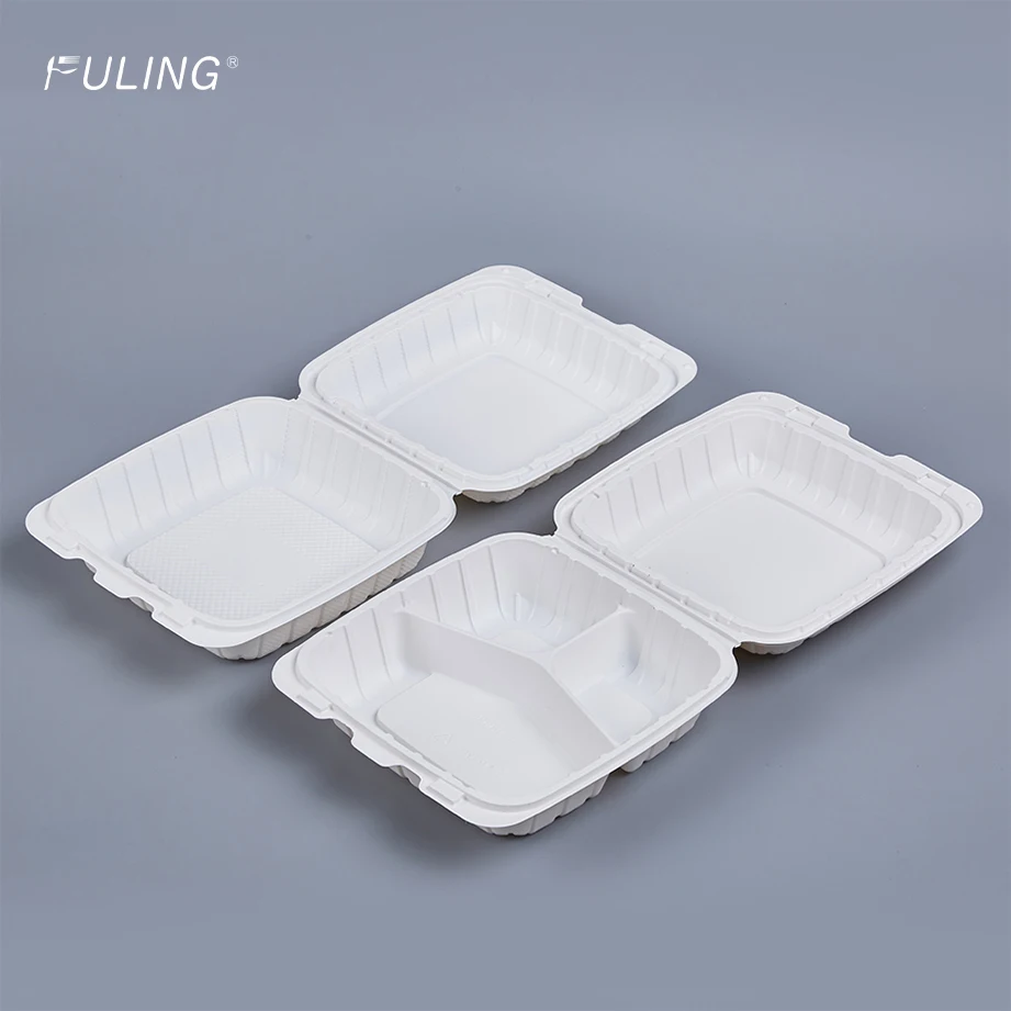 FULING To Go Containers 3 Compartment Clamshell Food Containers 9 Inch Plastic Microwave White To Go Boxes with Hinged Lids