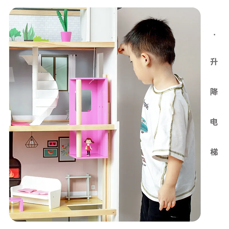 2024 New Arrival Baby Pink Wooden Pretend Play House Princess Villa Game Educational Role Play Gift Toys For Girls