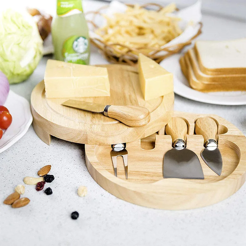Unique Natural Wood Round Board  4pcs Cheese Knife Tool  Cutter  Butter Spatula  Set with gift box
