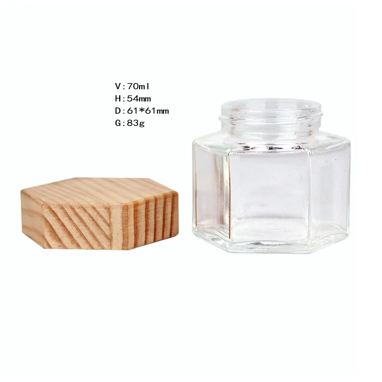 Hexagon honey glass bottle, wooden lid, bamboo lid glass bottle sealed can with transparent honey bottle
