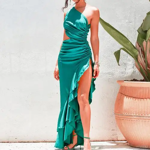 irregular side slit backless off shoulder Dress Cotton hollow One Shoulder patchwork sexy women dresses green 744426