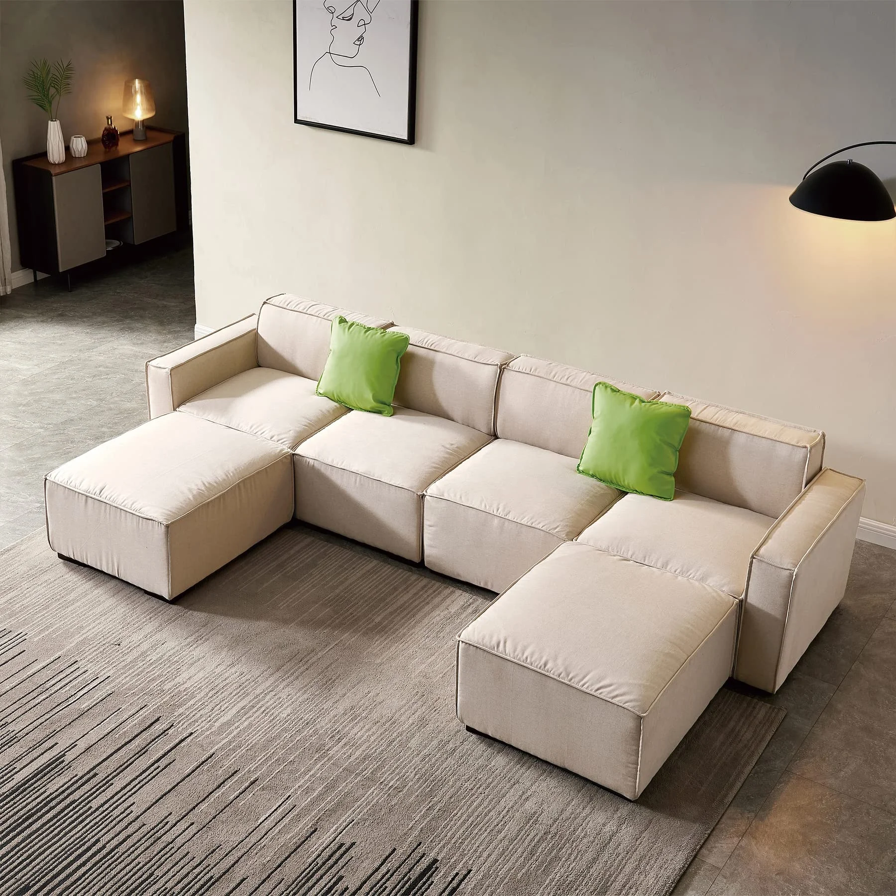 Beige Removable Block Corner Tofu Block L Shape Linen Fabric Washable Sectional Sofa Set For Living Room