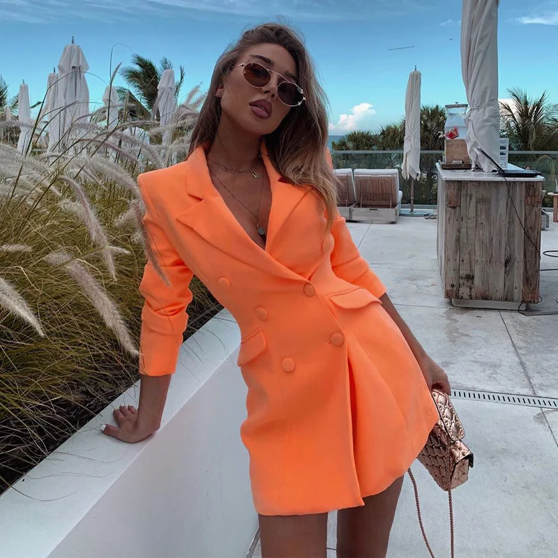 Solid long sleeve slim blazer dress autumn winter women fashion pure orange streetwear outfits windbreak coats for women 2021