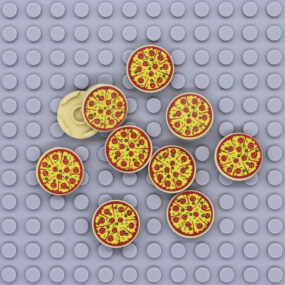 Pizza with Pepperoni and Olive with Slice Marks Pattern City Food Building Blocks Printed MOC Bricks Toys