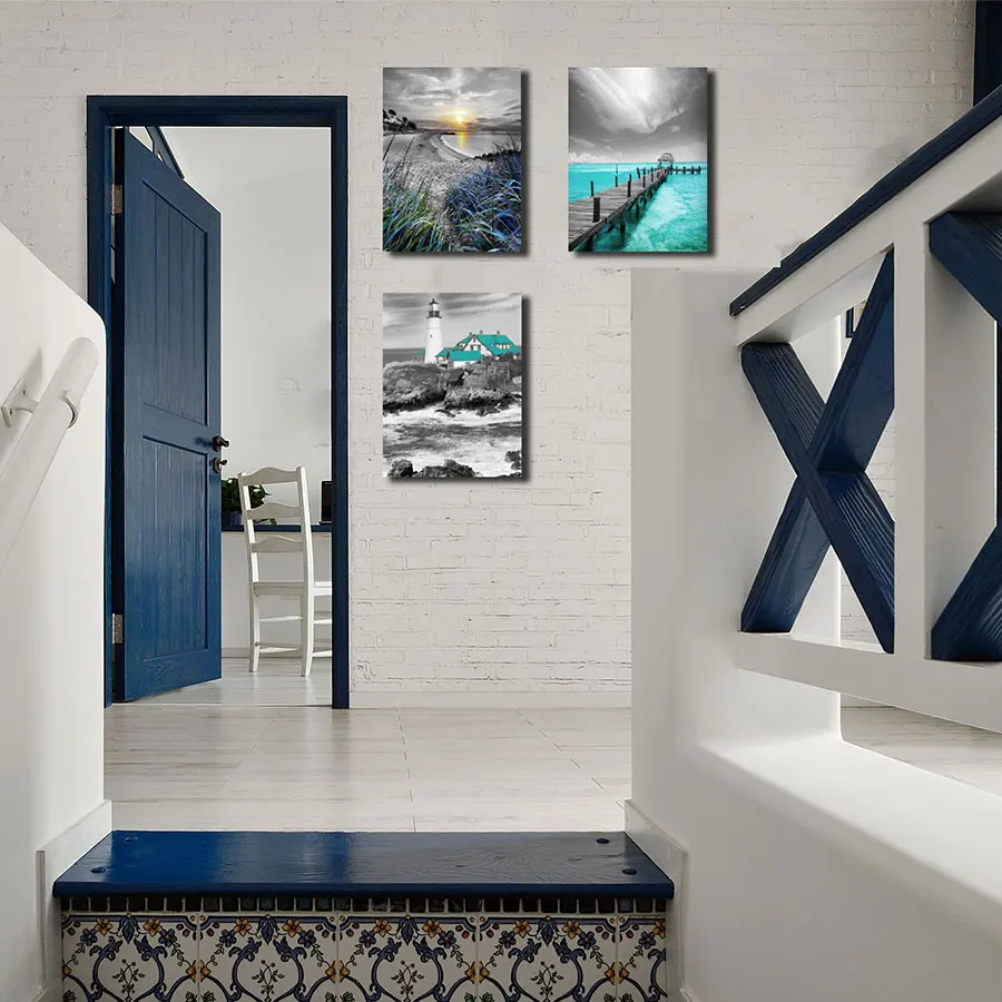 Original Art Modern 3pcs Seascape Lighthouse Canvas Print Painting OEM&ODM Oil Medium for Home Decor