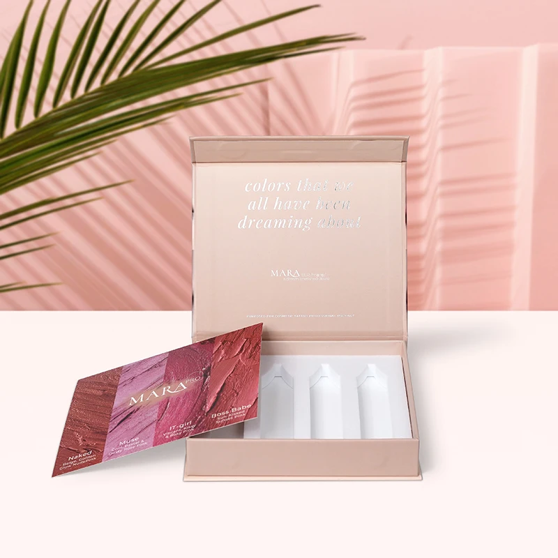 Lipstick Box Custom Magnet Closed Hard Cardboard Silver Stamping Cosmetic Wallet Gift Package Eva Insert Instruction Book Ribbon