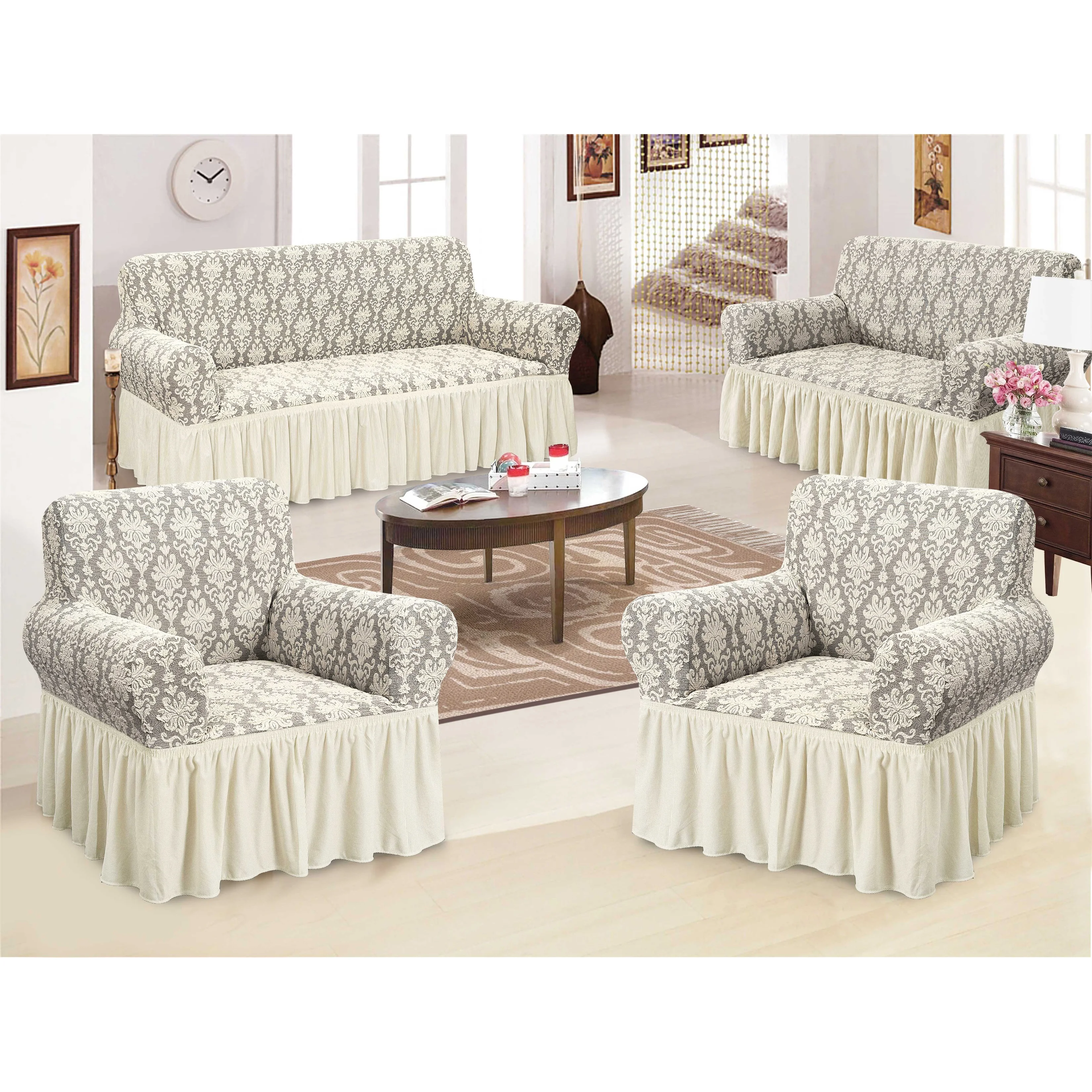 High quality 3 seater flower printed jacquard spandex stretch slipcover for 321 set sofa cover