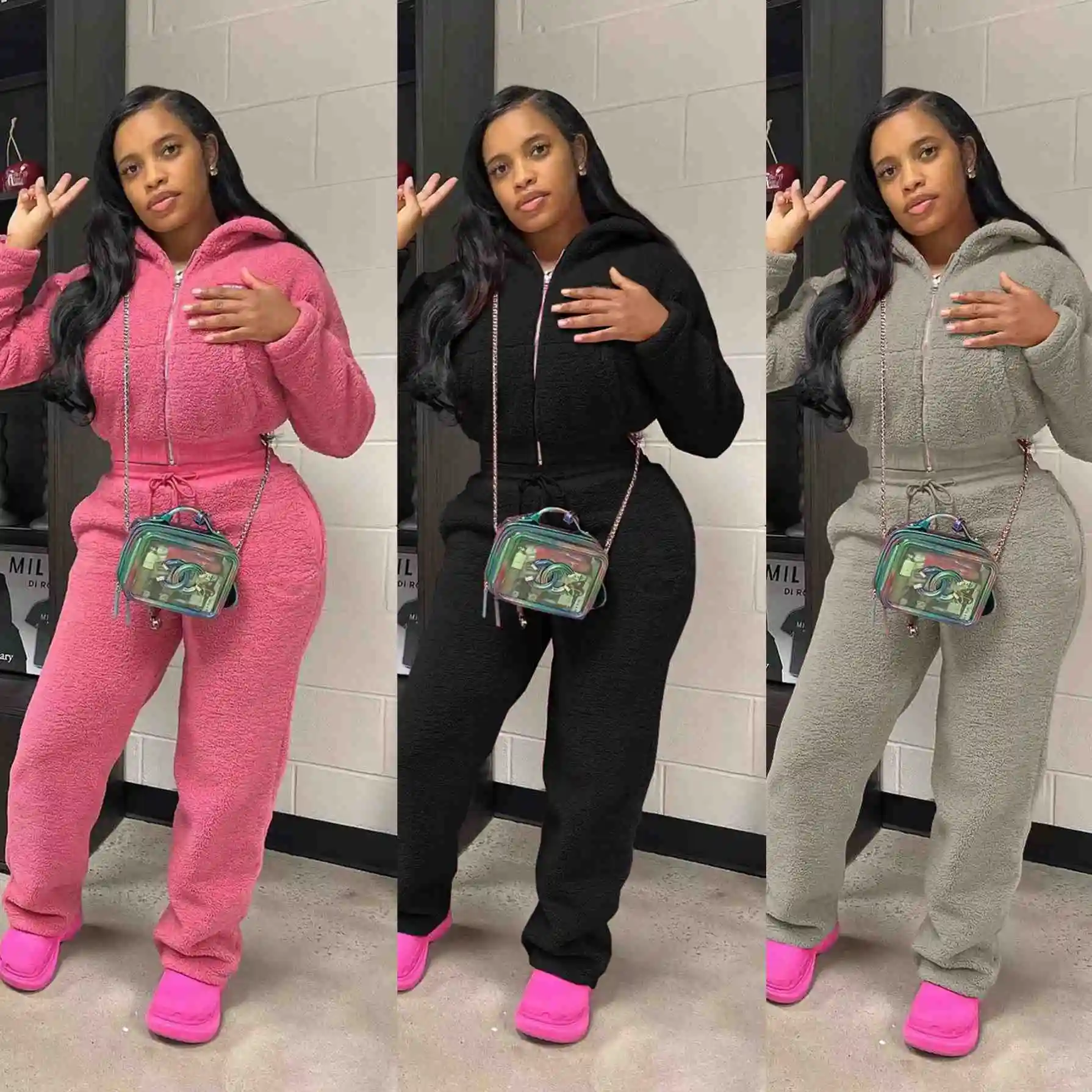 2025 Fur Jackets Tops 2 Piece Pant Sets  Women Winter Fashion Thick Warm Matching Clothes Two Piece Pant Set