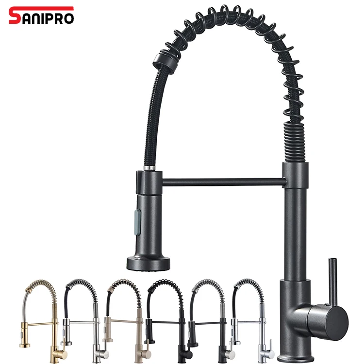 SANIPRO SUS304 Hot Cold Mixer Crane Tap Black 360 Degree Rotation Pull Down Sprayer 2 Modes Nozzle Spring Kitchen Sink Faucets