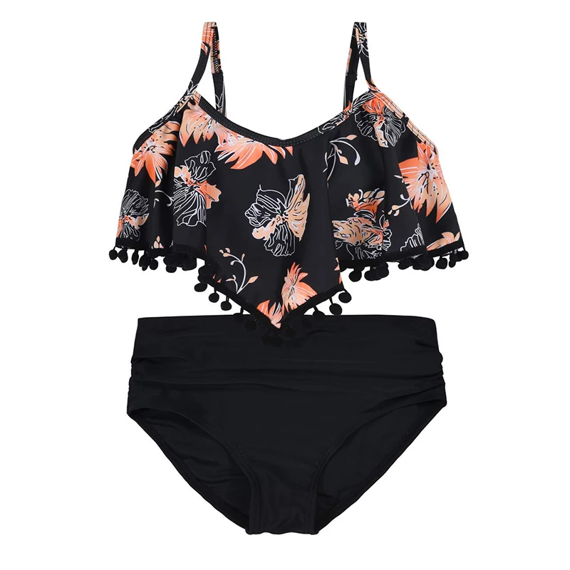 Baby Bathing Suits Beach Swimsuit Kids Pom Pom High Waist Swimwear Ruffle Top Floral Print Kids Bikini Swimsuit For Girl