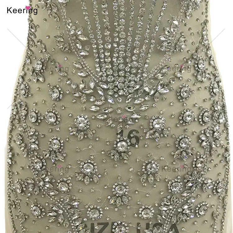 WDP-487 Keering 2024 New Design Handmade Silver Patches Sewing Shiny Rhinestone Crystal Beaded Gown Applique For Wedding Dresses