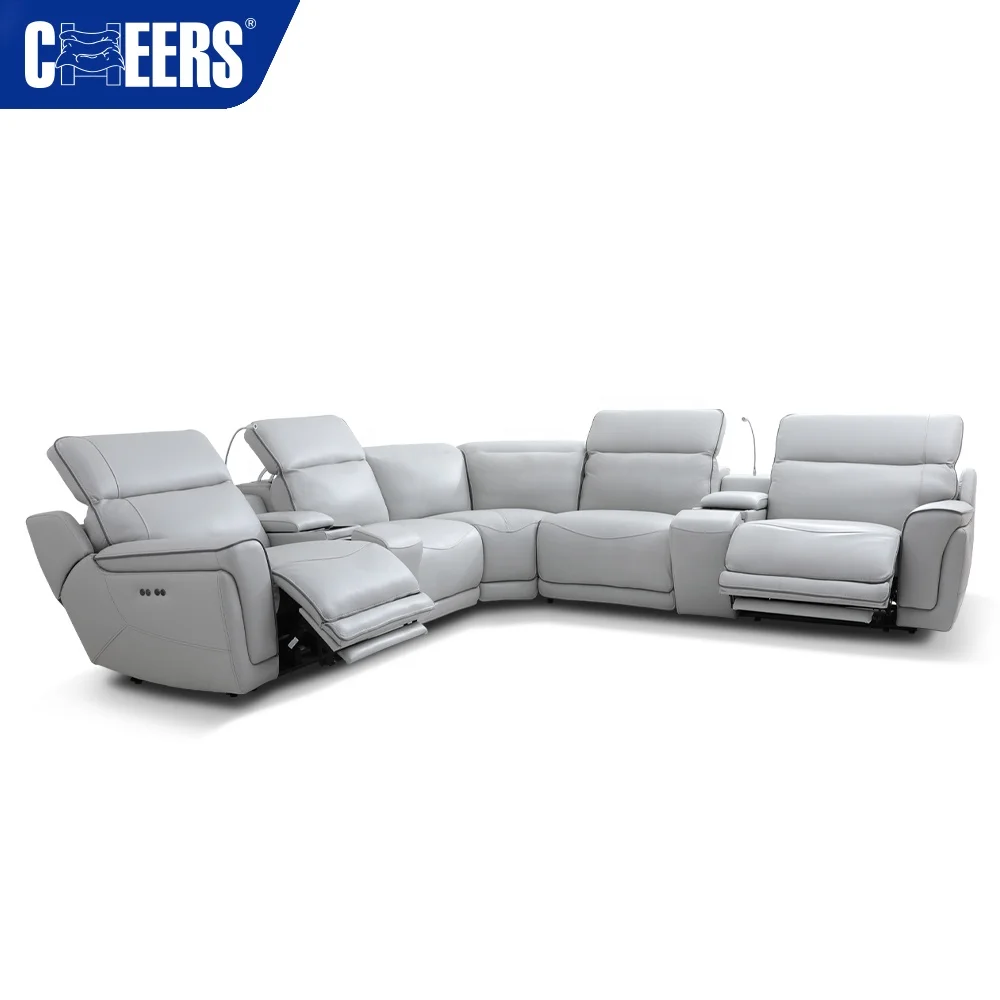 MANWAH CHEERS Genuine Leather Recliner Sectional Sofa With Led Light and Cup Holder, Living Room storage Sofa