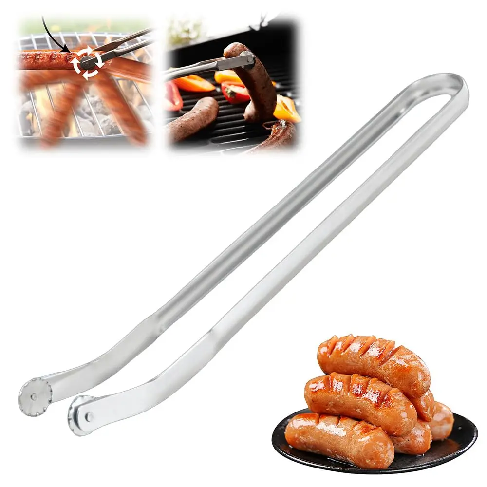 New Stainless Steel Grill Flipping Tongs Long Handle Kitchen Cooking BBQ Sausage Turning Tongs