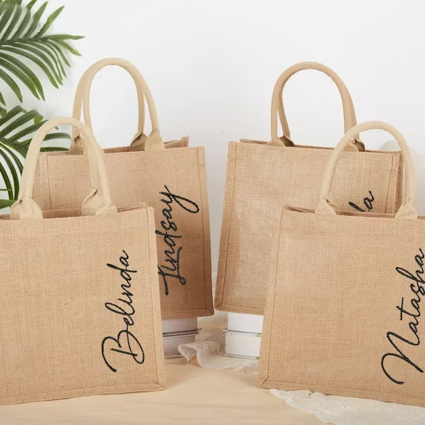 Custom Coated Linen Shopping Bag custom logo jute large capacity DIY tote bag eco-friendly material With Black sides
