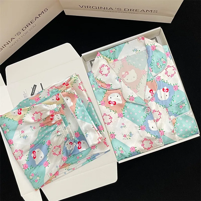 Wholesale high quality ins Hello Sanrioed Cute Long Sleeve Ice Silk Pajamas Girls Girls Cartoon  Kitty Home Clothes Set