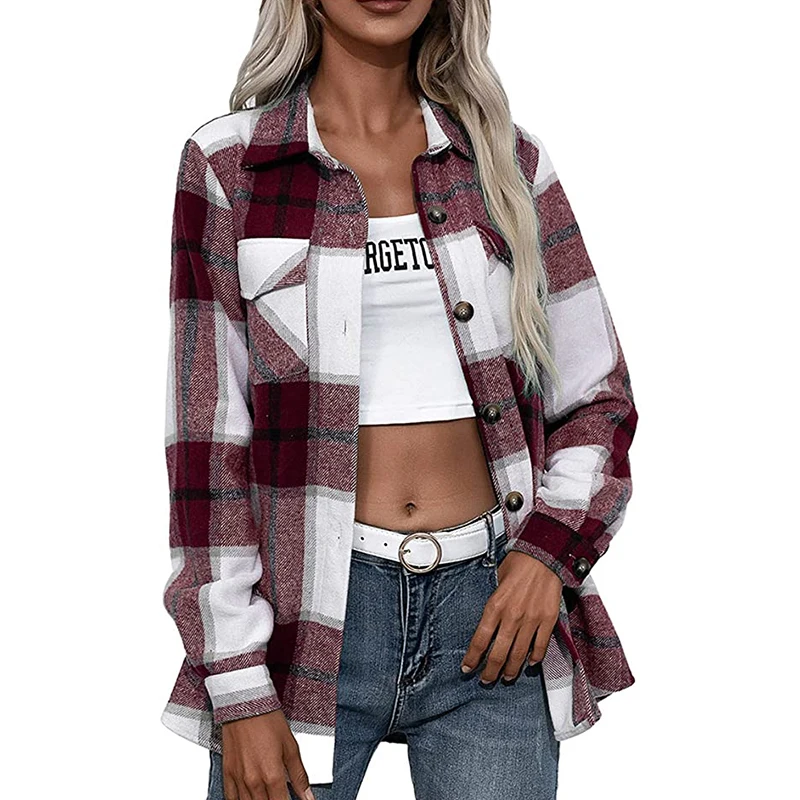 Flannel Long Sleeve Shirts for Women Casual Plaid Button Down Plaid Shirt Tops 2022 Fall Lapel Shacket Jacket Coats