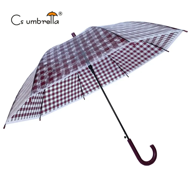 YS-1160 Hot Sale Cheap Clear Transparent Plastic J Handle Auto Open Umbrella Plaid Check Custom Printing POE Umbrella
