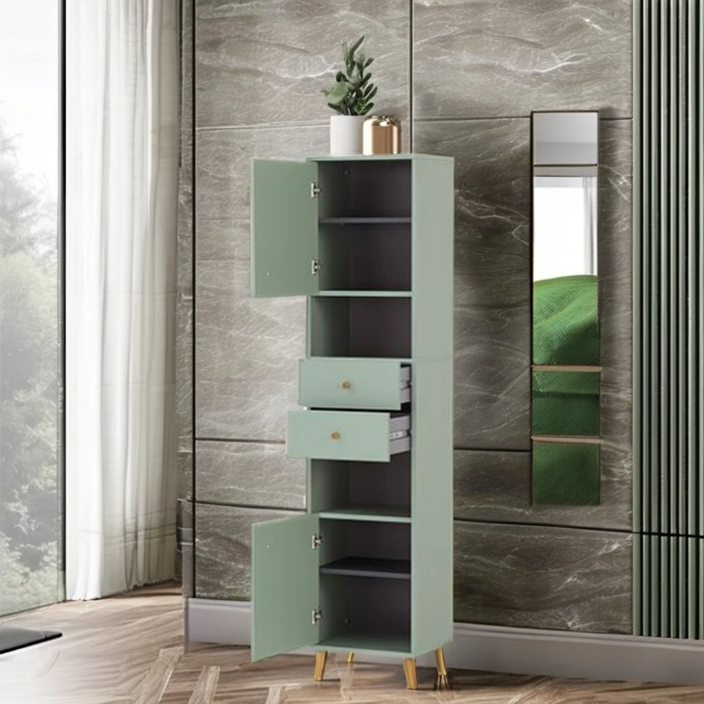 Source Factory OEM Bathroom Furniture Wood Pistachio Green Bathroom Tall Cabinet