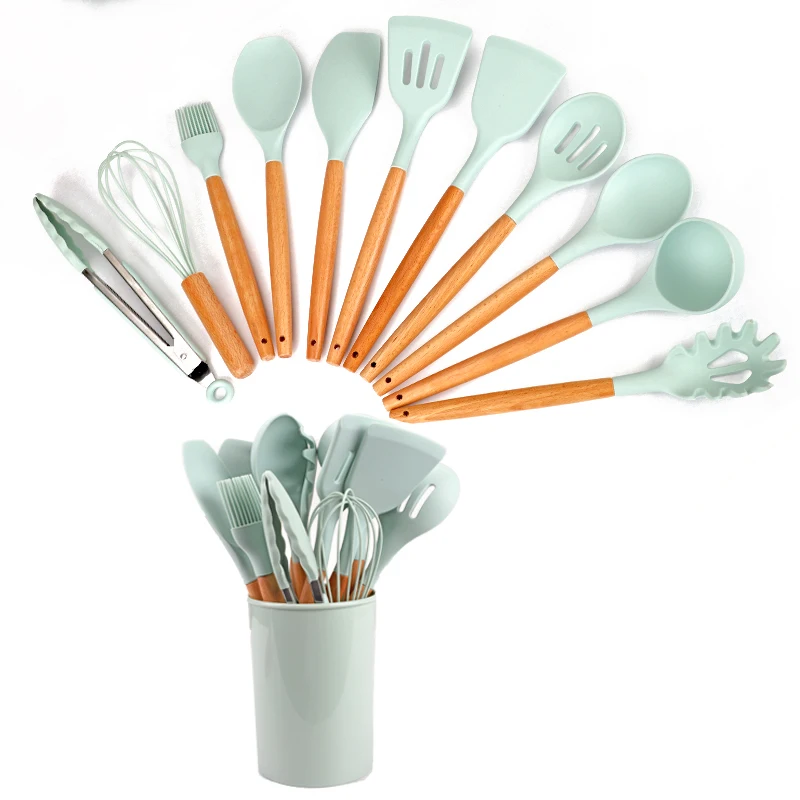12 Pcs Non-stick Kitchen Silicone Utensils Set with Holder  Wooden Handle Heat Resistant Kitchen Set Silicone