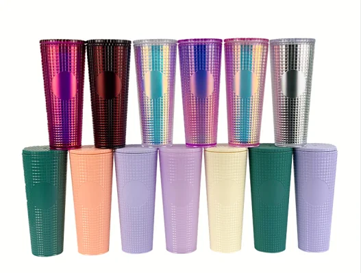 2022 Wholesale Plastic straw Grid corn cup 24oz Double Wall tumbler Cup Custom color logo