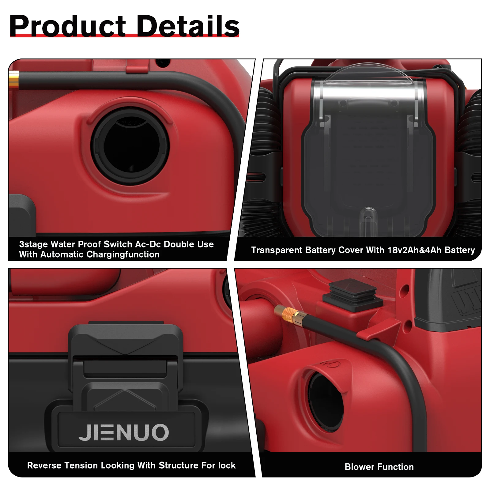 JIENUO 2 Gallon 20V Lithium Battery Portable Wet Dry Cyclone Vacuum Cleaner with Air Inflact Adapter JN701