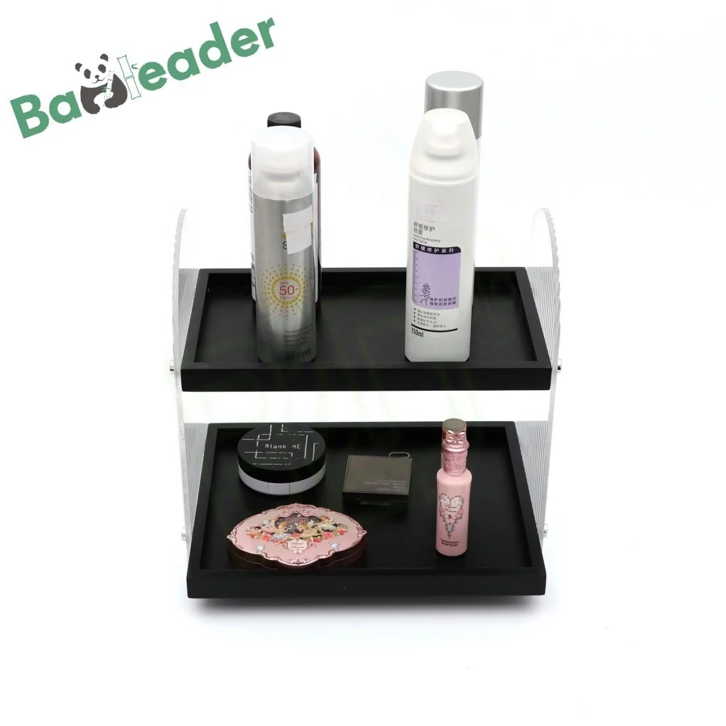Customized Bamboo Wood Cosmetics Display Rack 2-tier Desktop Acrylic Storage Shelves Versatile Bamboo Acrylic Makeup Organizer