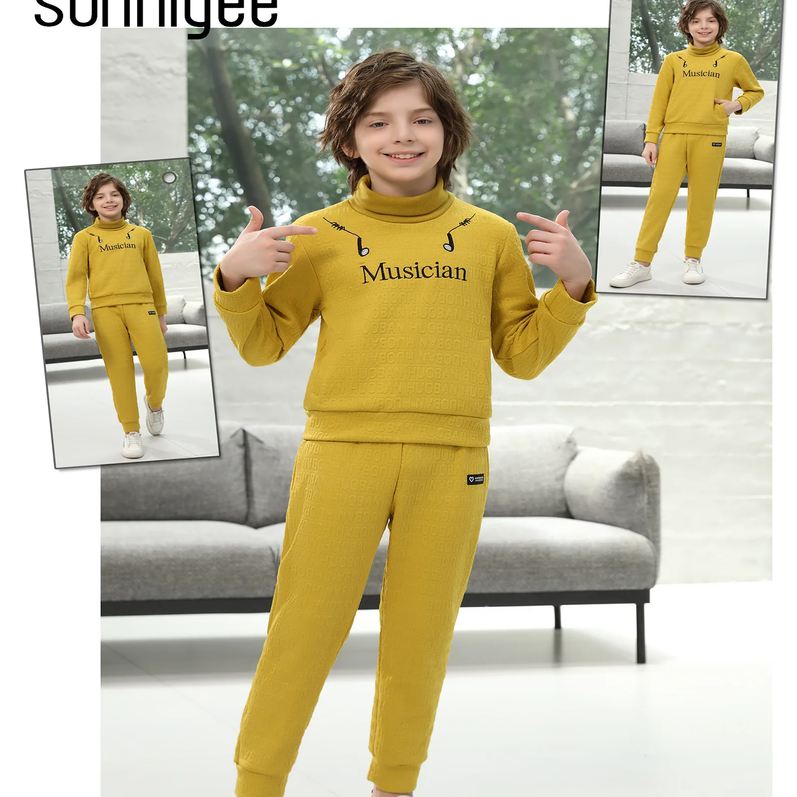 Hot Selling 2025 Autumn/Winter New Casual Boy Solid Color English Letter Set Hoodie Pants Sports Two Piece Set