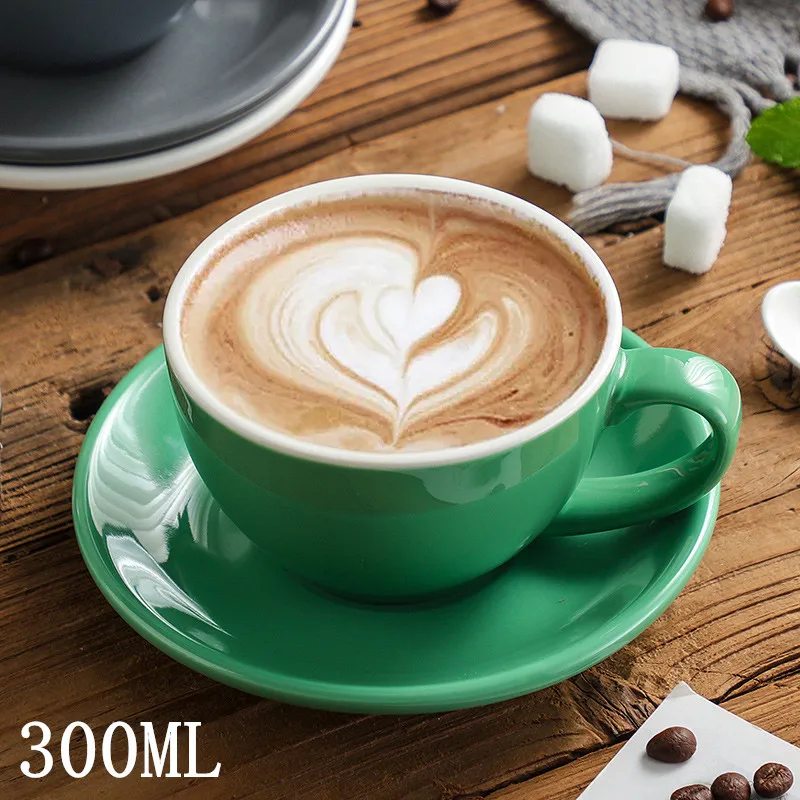 New trend customize ceramic 300ml colored coffee cups saucers set americano latte cup and saucer for cafe shop