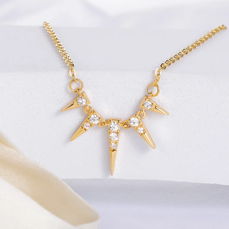 Trendy 18K Gold Plated Stainless Steel Chain Conical Rivet Pendant Necklace Jewelry