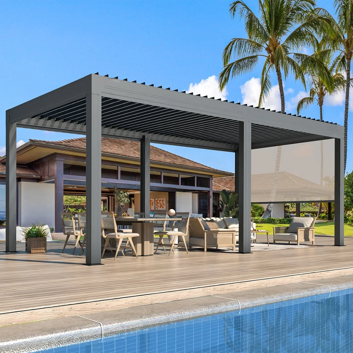 Waterproof Roof Louver Balcony Sun Shade Gazebo Outdoor 10x10 Bioclimatic Brown Motorized Aluminum Pergola With Blinds