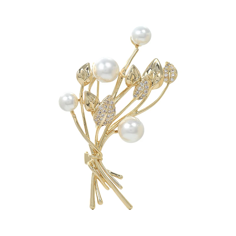 XZ60239 Gold electroplated micro-inlaid Zircon Leaf Brooch Pearl Bouquet Pin Small fragrance corsage high touch banquet pin