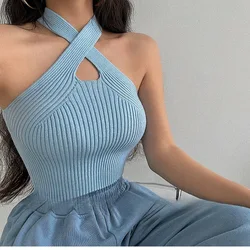 Fashion Streetwear Knitted Camisole Comfortable Soft Slim Shirts Vest Cross Strap Off Shoulder Halter Hollow Out Tube Top