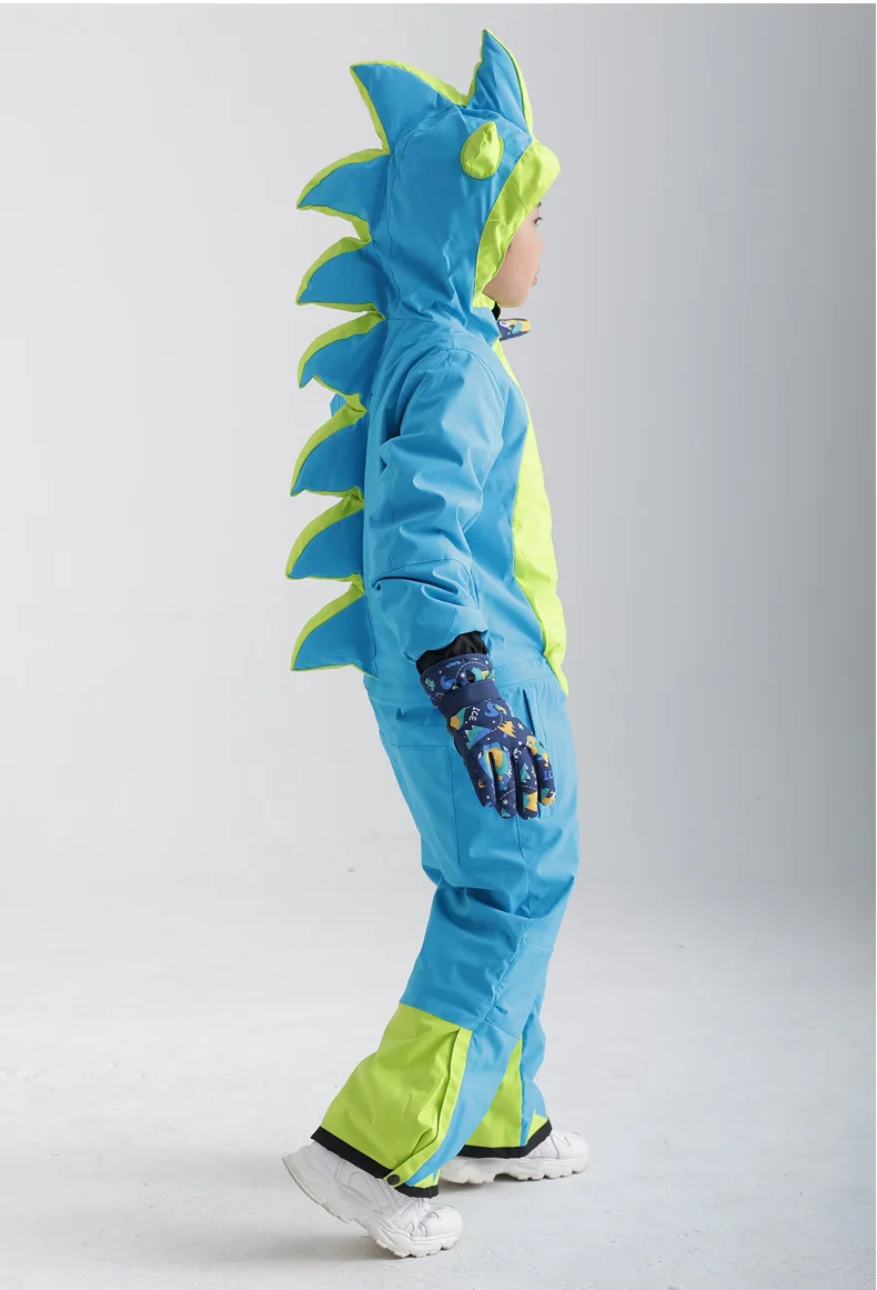 Children Kids Ski Suit One-Piece Cartoon Dinosaur For Boys Girls Winter Single Double Board Ski Suit Set For Ski Resorts