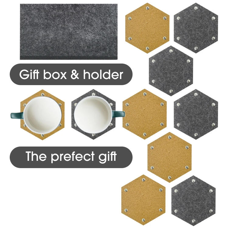 New Design Custom Felt+Cork Cup Coaster Tea Coffee Drink Coaster Table Mat Set of 10 Pcs with Felt Holder