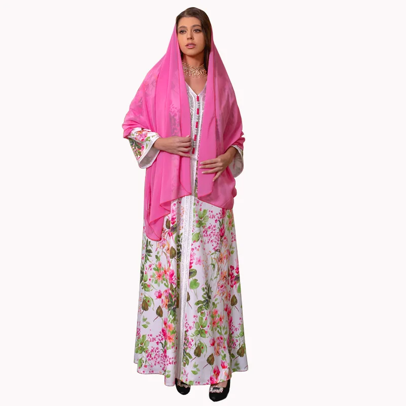Fashion V Neck Long Sleeve Rhinestone Middle East Robe Gown Floral Printed Embroidery Dubai Abaya Maxi Dress For Women