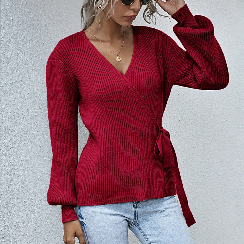 Wholesale Ready Stock Women Fashion Knit V-Neck Cardigans Sweater Ladies Knit Top Sweaters With Belt