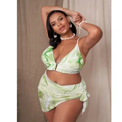 2022 summer new arrival 3 piece set bathing suits plus size 4xl tie dye swim suit high waist skirt oem swimwear for ladies