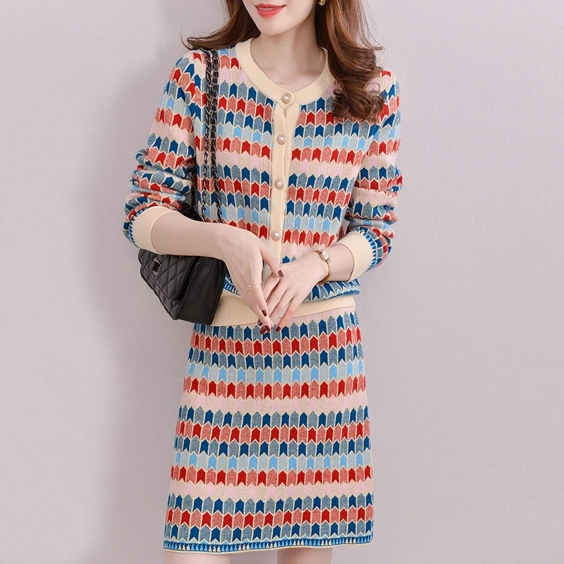 Sweater Women Two Piece Clothing Buttoned Fall Long Sleeve Knit Top And Skirt Set