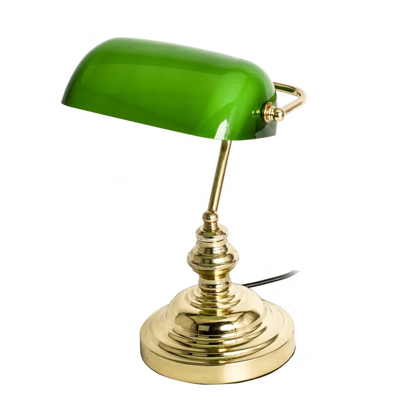 Quality  Gold Metal Base Green Shade Desk Light  Banker Table Lamp