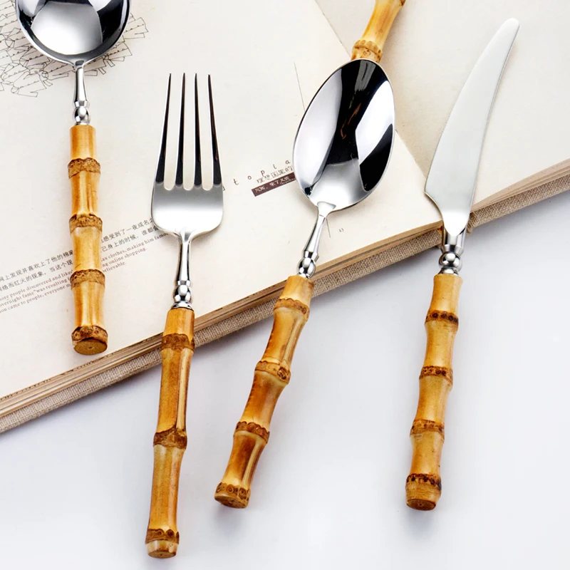 Sandoor factory supplied splicing style silverware set cutlery stainless steel handle bamboo cutlery set