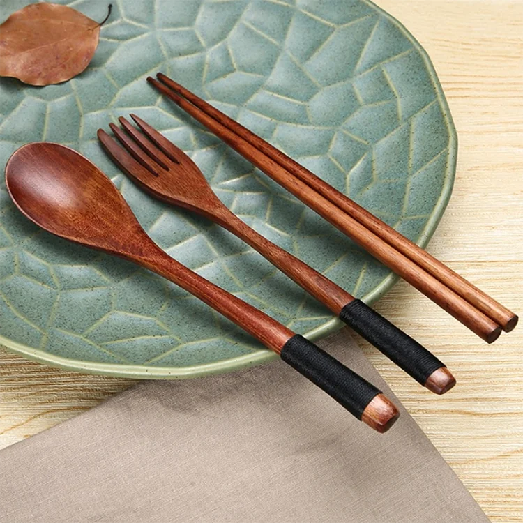 Handmade Japanese Style Wooden Kids Soup Spoons Natural Wood Rice Serving Tableware Flatware Set with Tied Line on Handle
