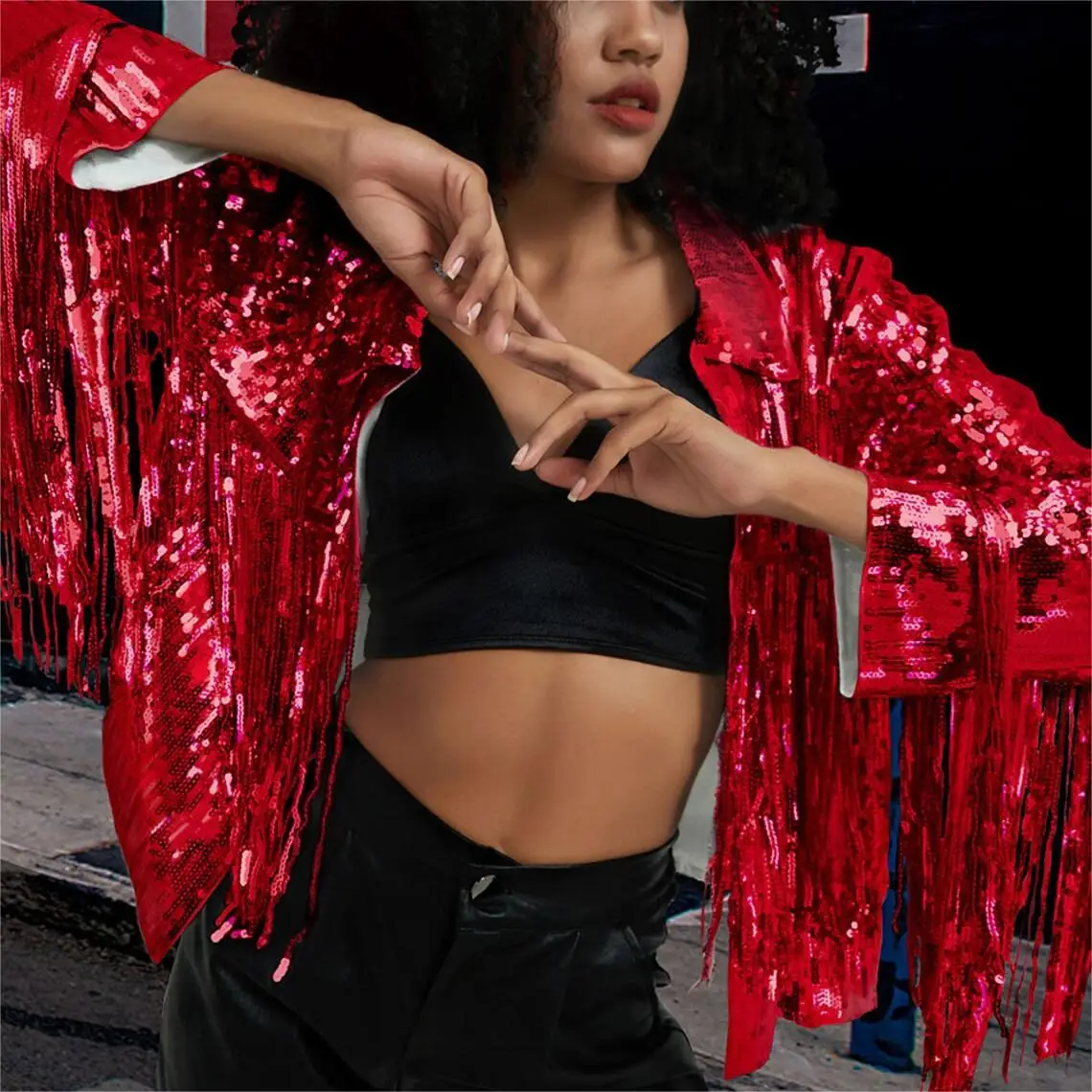 Fashion Disco Tassel Cowgirl Fringed Jacket bomber football Festival Sequin Jacket